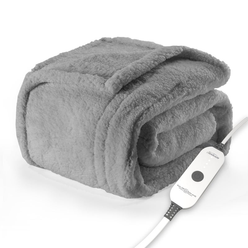 Sunbeam Royal Sherpa Foot Pocket Heated Throw Electric Blanket, 50" x 60", 4 Heat Settings, 4-Hour Auto Shut-Off, Warming Throw for Couch or Bed, Fast Heating, Machine Washable, Grey - Image 1